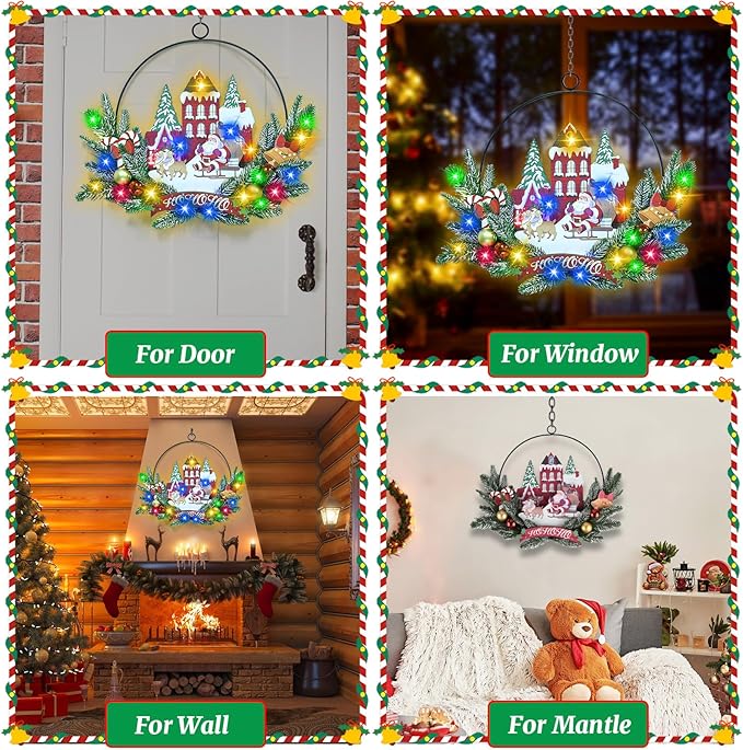 Light up Christmas Wreaths for Front Door, Welcome Metal Wooden Door Wreath Decor Hanging Sign, 30 LED Lighted Wall Decor Battery Operated for Halloween Indoor Outdoor (Santa Claus)