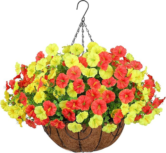 Artificial Fall Flowers Fake Hanging Plants Flowers Basket for Outdoors Autumn Decoration, Silk Morning Glory with Eucalyptus Look Real UV Resistant Faux Flowers for Outside Porch Patio Balcony, Mix