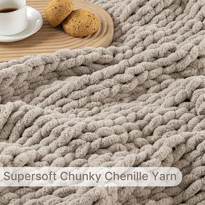 Chunky Knit Blanket Throw, 100% Hand Knit Throw Blanket Handmade Chenille Cable Knit Throw for Couch, Stylish Cozy Soft Rope Knot Crochet Blanket for Home Decor, Beige Linen, 40x50 Inches