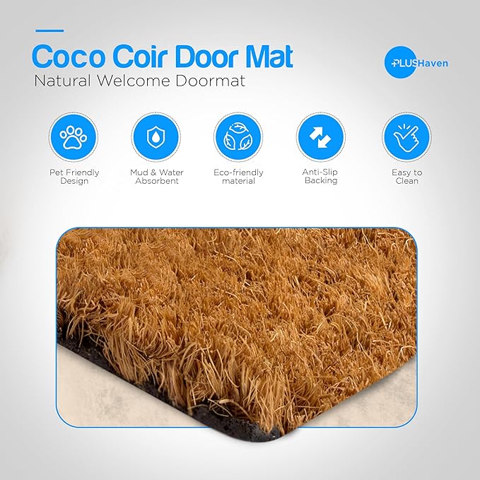 PLUS Haven Coco Coir Door Mat with Heavy Duty Backing, Natural Welcome Bull Dog Doormat, 17.5”x 30” for Entrance, Front Porch, Easy to Clean Entry Mat, Outdoor and Indoor Uses