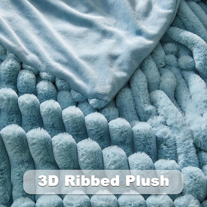 NEWCOSPLAY Faux Fur Twin Blanket Blue 3D Ribbed Plush Thick Warm Blanket for Couch Sofa Bed 850GSM (Blue Ribbed, Twin(60"x80"))