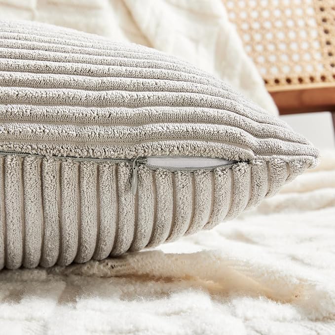 Fancy Homi 2 Packs Neutral Grey Lumbar Decorative Throw Pillow Covers 12x20 Inch for Living Room Couch Bed Sofa, Farmhouse Home Decor, Soft Striped Corduroy Rectangle Accent Cushion Case 30x50 cm