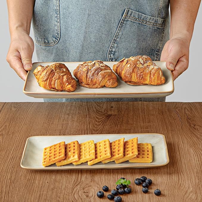 famiware Serving Platter, Rectangular 15.67/14.1/12.6 inch Serving Dishes for Entertaining, Microwave Dishwasher Safe, Stonware Serving Trays for Party, Turkey, Cheese, Ocean Series, Cappuccino White