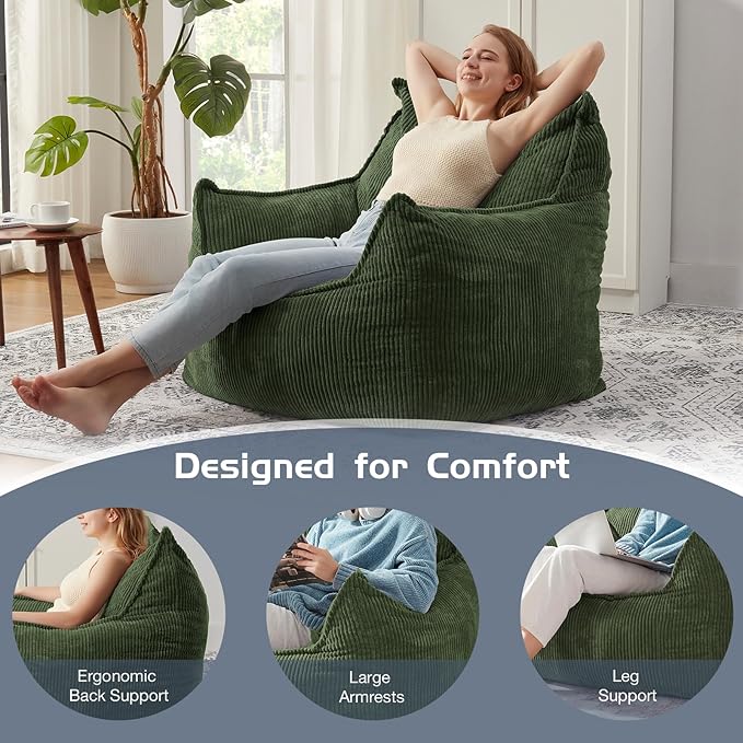 Giant Bean Bag Chair Sofa for Adults Teens, Comfy Corduroy Large Bean Bag Chairs with Armrests for Bedroom Living Room, Adult BeanBag Lazy Sofa Couch Chairs with Filler Included