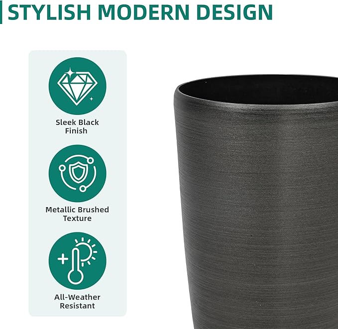 22.8" Resin Planters for Outdoor Plants, Set of 2 Modern Large Flower Pots with Handmade Brushed Metal Finish, Weather Resistant for Indoor/Outdoor Year-Round Use