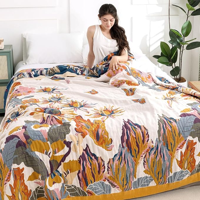 Boho Throw Blanket for Bed - 100% Pure Cotton Ultra Soft Rustic Quilt - Farmhouse Decor Bed Blankets, All Season Rustic Throw for Sofa Couch Chair(60"×80", Floral)