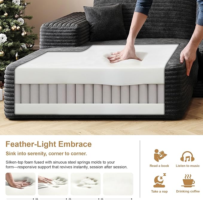 108" Sectional Couches for Living Room Modern Modular Sofa with L-Shape Couchs Upholstered Boneless Couch Deep Seat Sectional Couch with Chaise (Black, Left Facing Chaise+2Seaters+1Ottoman)