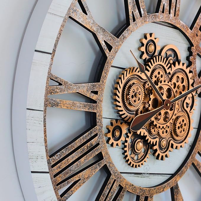 The Gears Clock 36'' Inch Real Moving Gear Wall Clock Vintage Industrial Oversized Rustic Farmhouse (White Farmhouse)