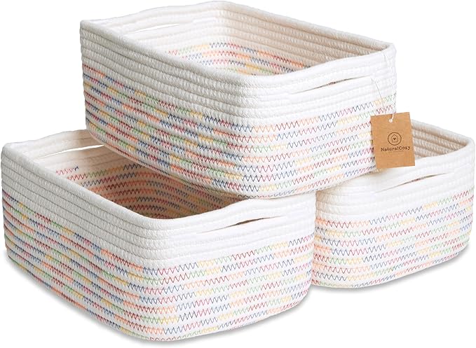 NaturalCozy 11.8"x8"x4.5” Rectangle Storage Baskets for Shelves 3 Pack | Cotton Rope Woven Small Baskets for Organizing | Small Storage Bins for Nursery, Bathroom, Closet, Shelf, Decorative, Gift
