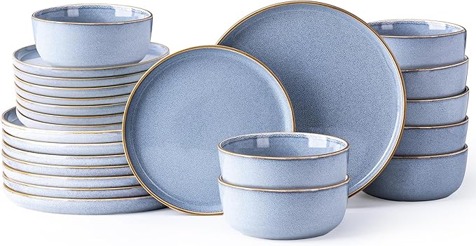 GBHOME Ceramic Dinnerware Sets for 8, 24 Pieces Stoneware Plates and Bowls Sets, Scratch Resistant Dishes, Dishwasher & Microwave Safe, Reactive Glaze-Brunnera Blue