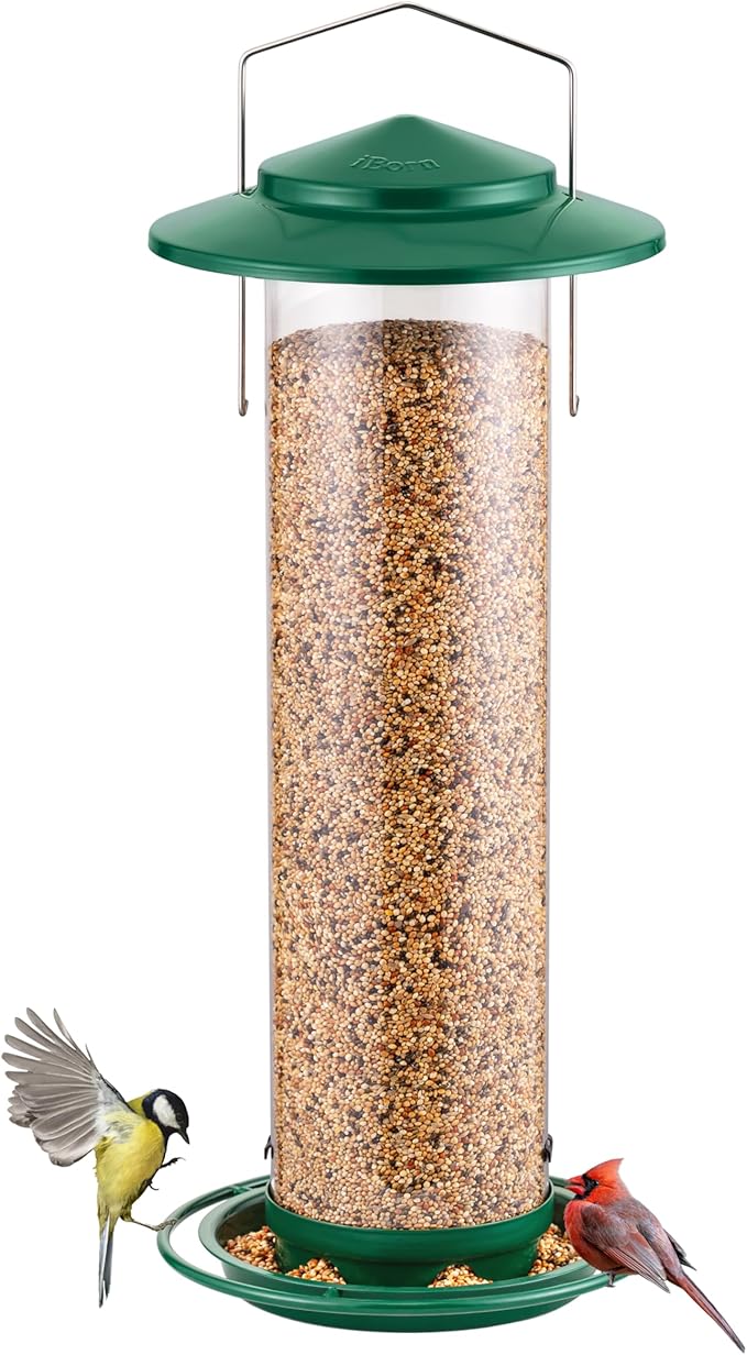iBorn Metal Bird Feeder for Outside Hanging,Wild Bird Feeders for Cardinal,18cm Large Roof&Green,42CM Long,4.5lb High-Capacity(Seed is not Included)