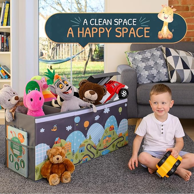 Extra Large Toy Storage Organizer with Lid - Sturdy, Collapsible Toy Chest Storage Box with Cute Design - Toys Bin with Dividers for Kids, Boys, Girls, Nursery, Bedroom, Play room 37"x16"x14"