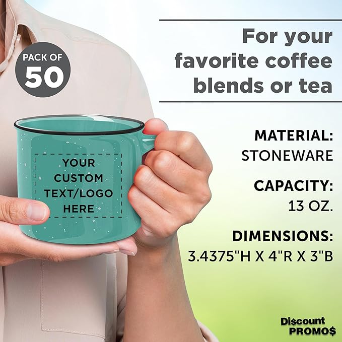 DISCOUNT PROMOS Custom Ceramic Campfire Coffee Mugs 13 oz. Set of 50, Personalized Bulk Pack - Perfect for Tea, Espresso, Cappuccino, Hot Cocoa - Mint