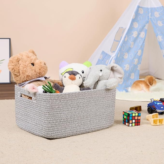 Large Storage Baskets for Shelves, Closet Organizers Bins for Clothes Blanket Towels, Baby Nursery, Toy Baskets Box, Woven Rope Baskets, 17 x 13 x 7.5”, 2 Packs Mixed Grey