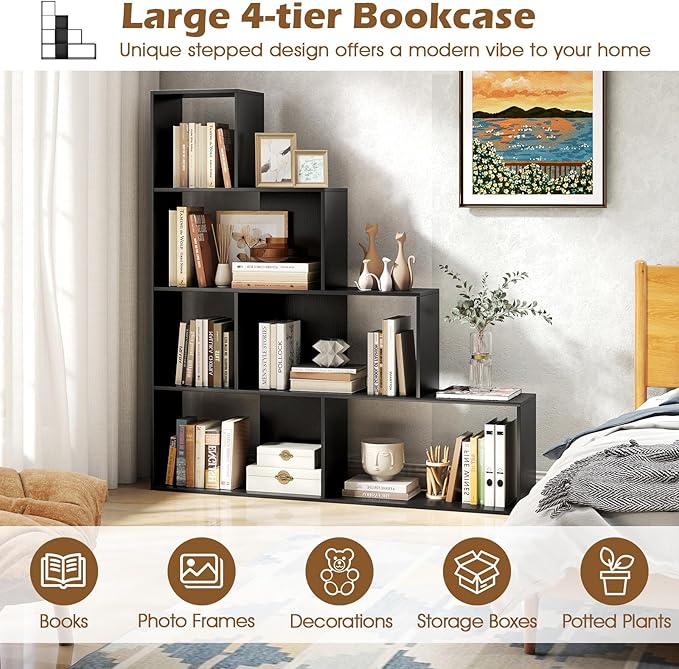 Tangkula 4-Tier Stepped Bookshelf, Freestanding 6 Cubes Ladder Bookcase with Anti-Tipping Kits, 64" Tall Modern Wooden Storage Display Rack for Home Office Living Room Study (2, Black)