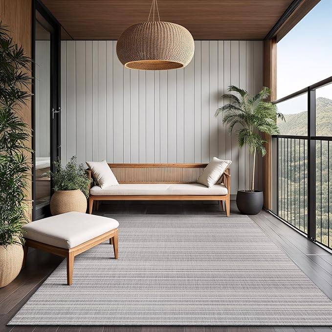 Stripe Outdoor Rug 9x12 Washable Outside Carpet for Indoor Patio Porch Waterproof Easy Cleaning Non Shedding Area Rugs Gray 9 x 12