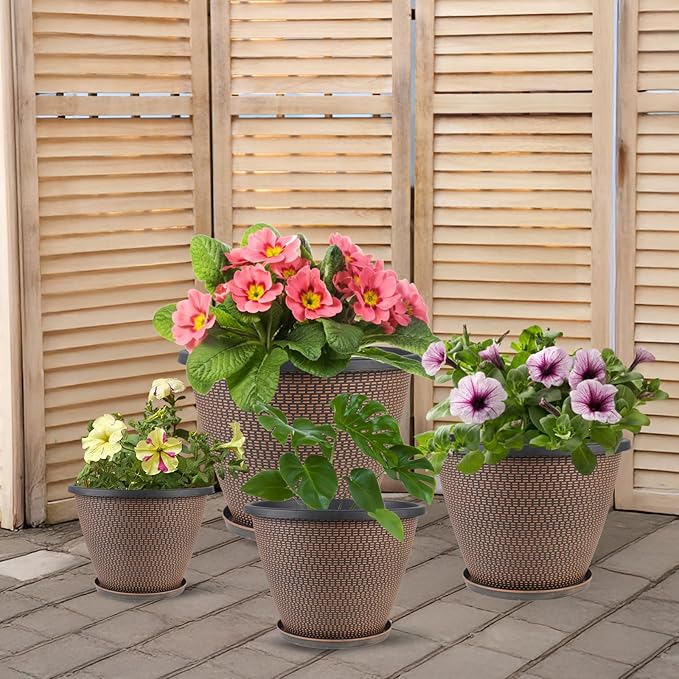 4 Pack 8 inch Plant Pot, Plastic Pots for Plants Indoor, Round Planters for Outdoor Plants with Drainage Holes & Trays, Decorative Flower Pots Garden Containers Sets for Houseplants (Black Copper)