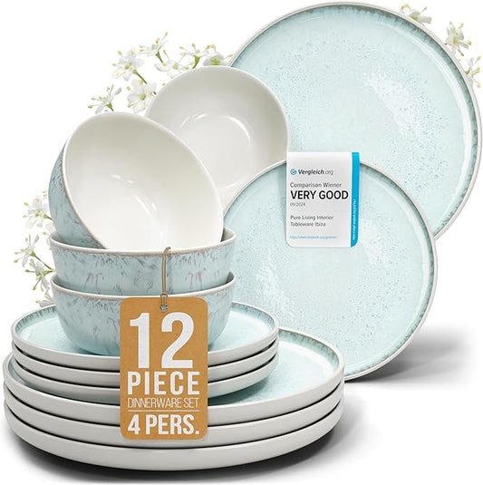 12 Piece Dinnerware Sets for 4 - Modern Style Stoneware Dinnerware Set - Scratch Resistant, Dishwasher, Microwave Safe Plates and Bowls Sets Ceramic, Bowl and Plate Set - Beige and Light Blue…