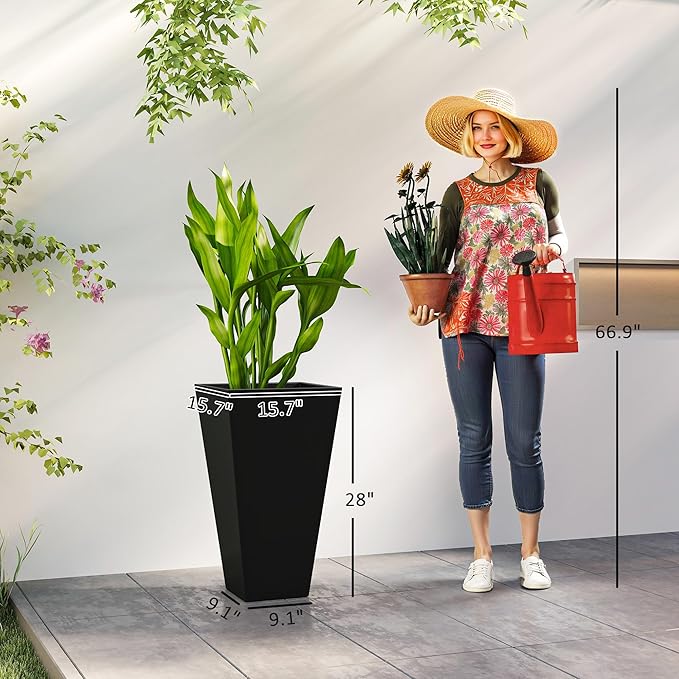 Outsunny Tall Planters for Outdoor Plants Set of 3, 28 in Taper Planters with Drainage Holes, Indoor Grande Plant Pots, Front Porch Decor (Black)