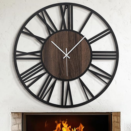 LEIKE 30" Oversized Large Wall Clocks,Silent,Non Ticking,Battery Operated Modern Round Big Wood Decorative Metal Wall Clock for Living Room, Bedroom,Kitchen,Farmhouse,Office Decor - Black,30 Inch