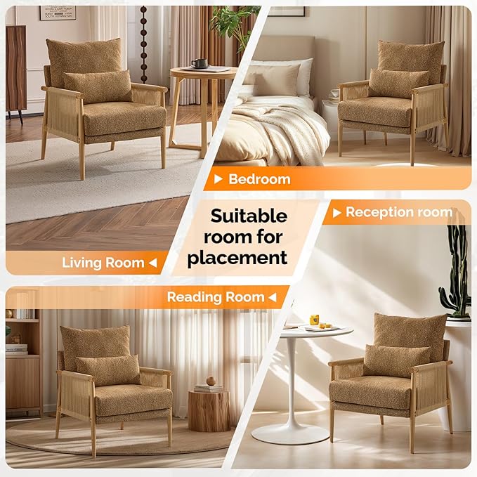 VINGLI Boho Braid Accent Armchair,Mid-Century Modern Chiar with Solid Wooden Armrest,Comfy Louge Cushion Chair with Waist Pillow for Bedroom,Living Room,Reading Room, Khaki