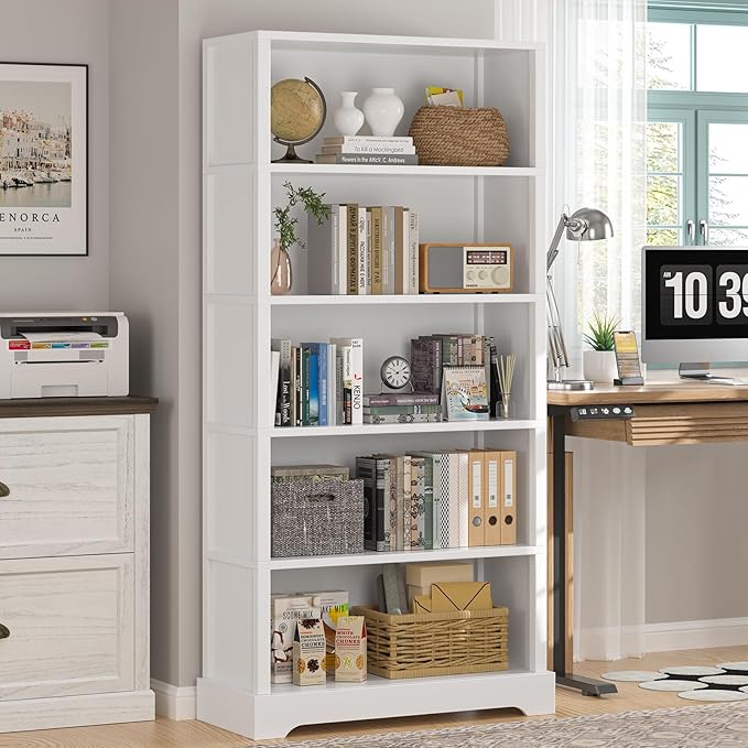 TVU 5-Shelf Wood Bookcase, 65 Inch Tall Bookshelf with Storage, Floor Standing Display Book Shelf，for Living Room Bedroom Study Office, White
