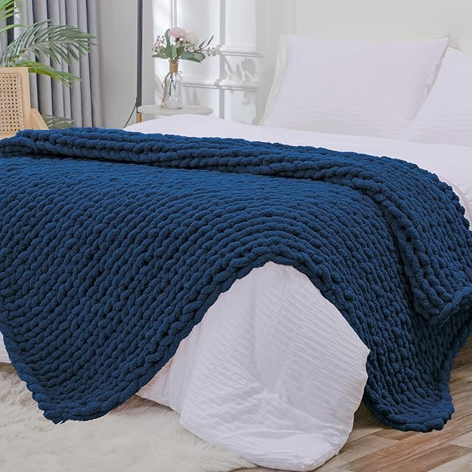 Bigacogo Chunky Knit Throw Blanket for Couch, 40x80 inches, 100% Hand Knitted with Thick Jumbo Chenille Yarn, Cozy Soft Large Rope Knot Cable Crochet Blankets for Sofa Bed Living Room, Navy Blue