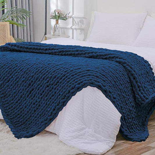Bigacogo Chunky Knit Throw Blanket for Couch, 40x80 inches, 100% Hand Knitted with Thick Jumbo Chenille Yarn, Cozy Soft Large Rope Knot Cable Crochet Blankets for Sofa Bed Living Room, Navy Blue