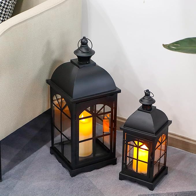 TRIROCKS Set of 2 Decorative Vintage Candle Lanterns 14.5"&20" H Farmhouse Outdoor Hanging Lanterns with Tempered Glass for Porch, Balcony, Patio, Home, Centerpieces, Indoor, Outdoor(Black)