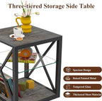 Farmhouse End Table Set of 2, Modern Side Table with 3-Tier Storage Shelf, Square Rustic Nightstand, Accent Tea Table, for Bedroom Office Living Room, Grey, Natural Wood, Glass, Metal