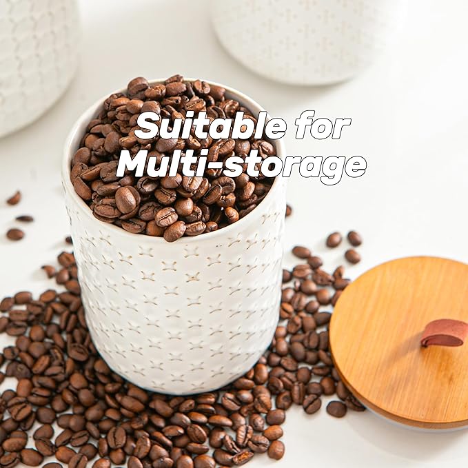 JOJUNO White Ceramic Canister Set with Wooden Lids – 3-Piece Airtight Food Storage Jars for Kitchen, Embossed Design, Small/Medium/Large Sizes (30/48/82 oz) – Flour, Sugar, Coffee, Tea Containers