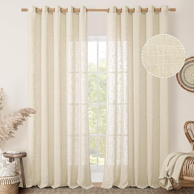 LAMIT Linen Curtains 84 Inches Long for Living Room, Bronze Grommet Linen Light Filtering Window Treatments Semi Sheer Modern Drapes for Bedroom,2 Panels Set 60 x 84 Inch, Beige