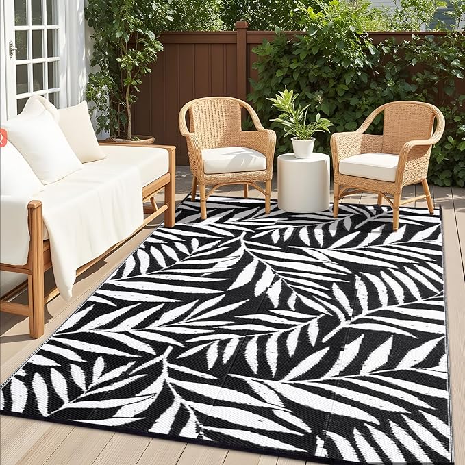 OLANLY Waterproof Outdoor Rug 8x10 ft, Reversible Outdoor Plastic Straw Rug with Leaf Pattern, RV Mat, Indoor Outdoor Carpet for Patio, Camping, Balcony, Deck, Backyard, Black & White