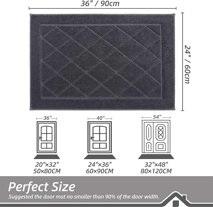 BEQHAUSE Dirt Trapper Door Mat 24" x 36", Doormat Non-Slip Entryway Rugs Washable, Dog Door Mat Stain Resistant and Absorbent Welcome Floor Mat for Front Back Door, Muddy Wet Shoes & Paws, Dark Grey