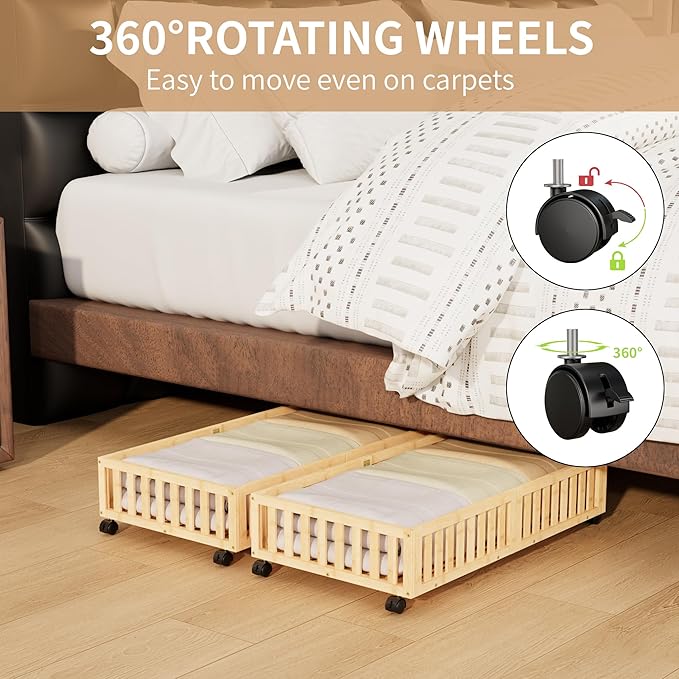 Bamboo Under Bed Storage with Wheels (2-Pack) – Rolling Underbed Shoe Organizer Box for Shoes, Blankets, Toys, Clothes Container Space-Saving Organizer Bins for Bedroom, Closet, Dorm, Nursery