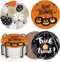 Coaster for Drinks Set of 6, Happy Halloween Trick or Treat Pumpkin Absorbent Round Ceramic Stone Mat, with Cork Base and Metal Holder, Gift for Housewarming Room Bar Decor
