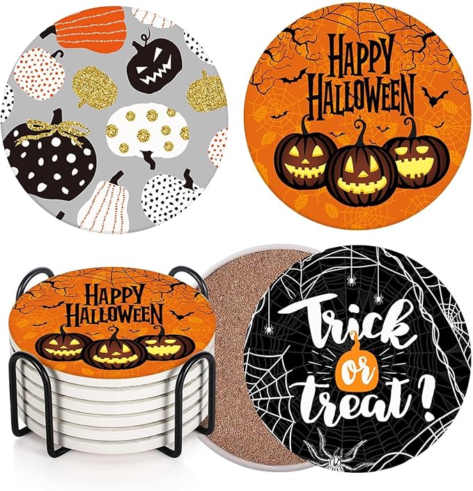 Coaster for Drinks Set of 6, Happy Halloween Trick or Treat Pumpkin Absorbent Round Ceramic Stone Mat, with Cork Base and Metal Holder, Gift for Housewarming Room Bar Decor