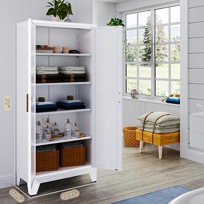 71'' Farmhouse Metal Storage Cabinet with Barn Doors,Steel File Cabinet for Home Office,Kitchen Pantry 4 Adjustable Shelves,Freestanding Cupboard for Kitchen,for Home Office,School (White)