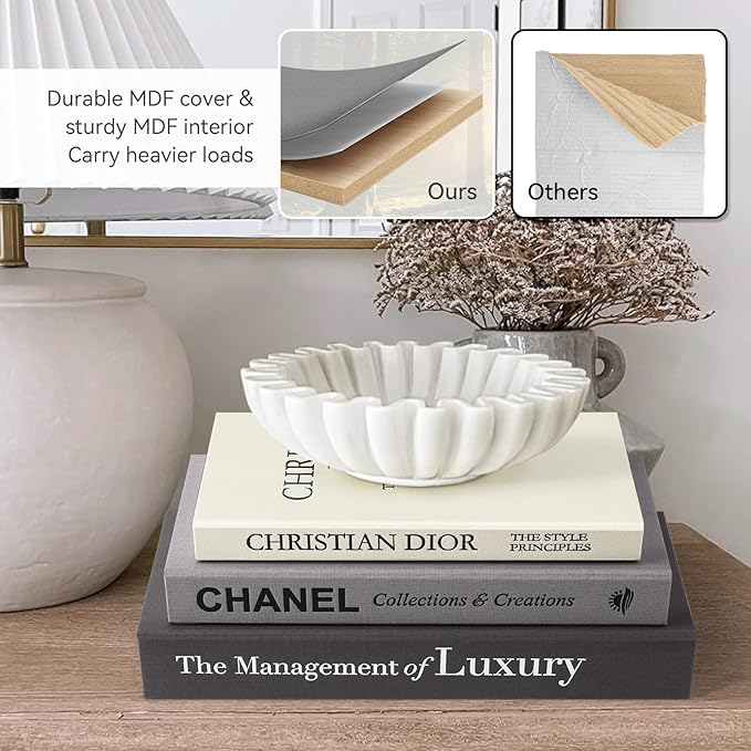 Aesthetic Decorative Books -Set of 3 Minimalist Linen Hardcover Faux/Fake Books for Coffee Table Home Decor Living Room Decoration, Photo Storage or as a Keepsake Box(Black-gray-beige-luxury)