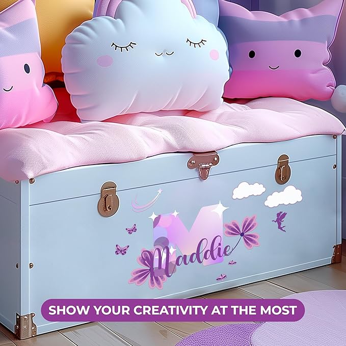 CRYPTONITE Custom Stickers Name Wall Decor with Purple Flower | Custom Name & Initial for Purple Wall Decor | Flower Wall Decals for Bedroom Decor I Custom Decal for Baby Girl Nursery Decor(E. Floral)