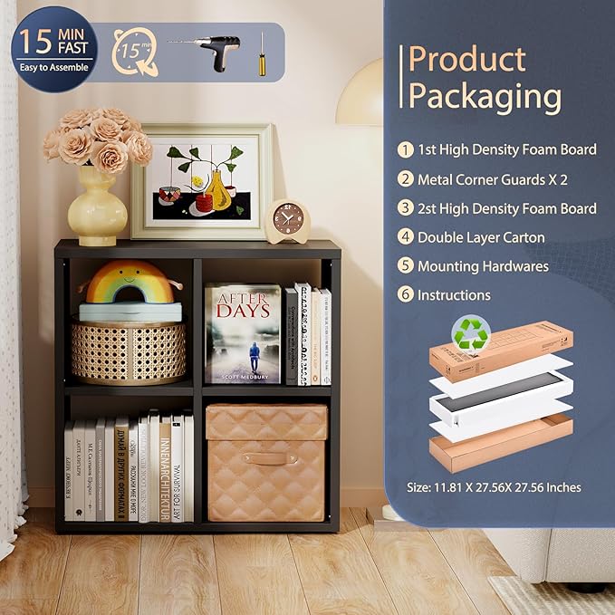 4 Cube Storage Organizer, Cubicle Open Back Decorative Book Shelf, 2-Tier Space Saving Storage Shelf Bookcase, Metal Display Shelf for Living Room,Office,Closet