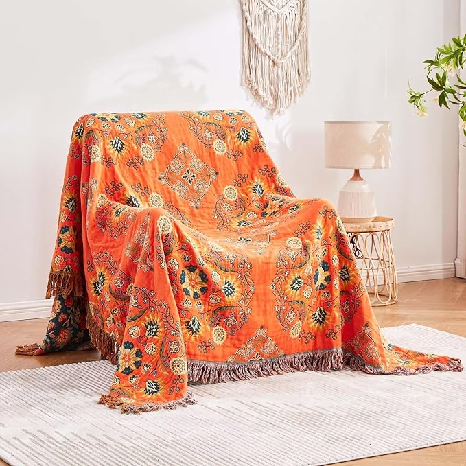 Boho Throw Blanket, 100% Cotton Ultra Soft Luxury Throw Rustic Quilt, 90"x98" Floral Printed Farmhouse Decor Bed Summer Blankets, All Season Rustic Reversible Bohemian Throw for Bed - Orange