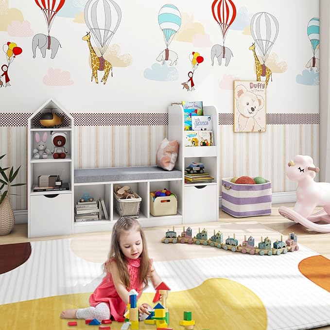 Vabches Kids Bookcase and Bookshelf with Reading Nook, Multifunctional Bookcase with 7 Storage Cubbies 2 Movable Drawers, Bookcases with Seat Cushion for Toy Storage Organizer Children's Room, Bedroom