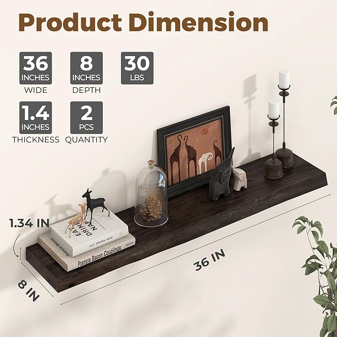 Axeman 36 inch Floating Shelves for Wall - 8'' D Live Edge Rustic Solid Elm Wood Floating Shelves Wall Mounted, Wall Shelves with Invisible Bracket for Living Room Bedroom Kitchen, Set of 2 Walnut