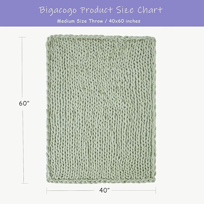 Bigacogo Chunky Knit Throw Blanket for Couch, 40x60 inches, 100% Hand Knitted with Thick Jumbo Chenille Yarn, Cozy Soft Large Rope Knot Cable Crochet Blankets for Sofa Bed Living Room, Sage Green