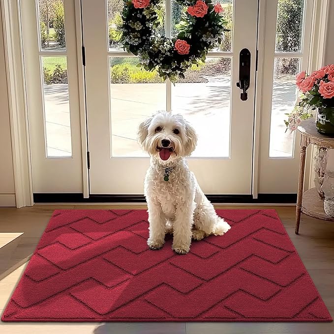 hicorfe Front Door Mat Outside Entrance,32"x40" Absorbent Muddy Dirt Resist Welcome Door Mats Outdoor Indoor,Stain and Fade Resistant,Non Slip Backing Entry Mat Doormat for Entryway(Red)