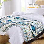 CASAAGUSTO Boho Throw Blanket - Blue and White Decorative Blankets with Tassel, Printed Flannel Bohemian Blanket for Chair, Bed, Sofa, Couch(50 * 60, Blue and White)