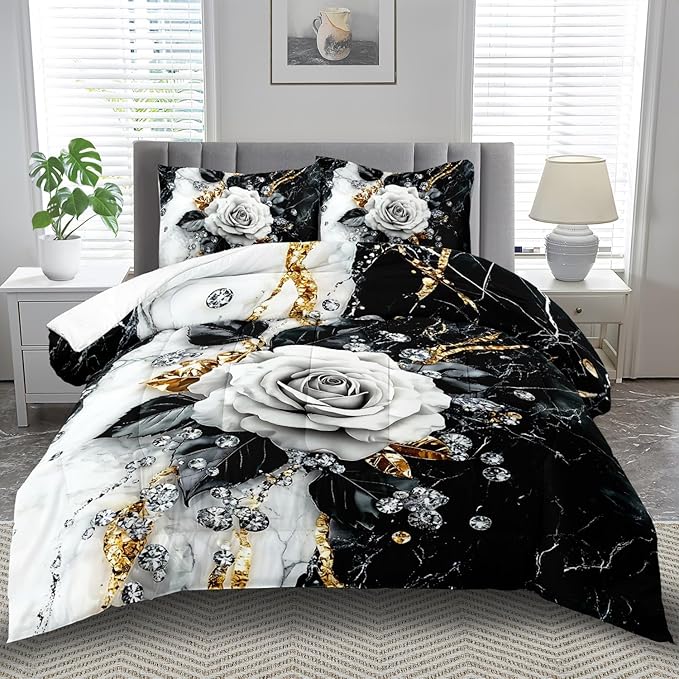 Marble Floral Comforter Set for King Bed Women,Vintage Flower Bedding Set King,White and Black Comforter Rose Quilt for Girls,Rose Bedding Floral Bedroom Decor Adults
