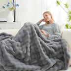 Cozy Bliss Faux Fur Throw Blanket for Couch, Fuzzy Soft Plush Thick Bubble Blanket for Sofa Bedroom Living Room, 90 * 90 Inches Light Grey