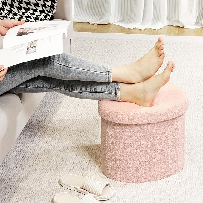 B FSOBEIIALEO Storage Ottoman Cube, Heart Shaped Ottomans with Storage Foot Stool Footrest for Lving Room, Boucle Ottoman Seat for Dorm Room,Faux Teddy Fur, Pink 15"x15"x15"